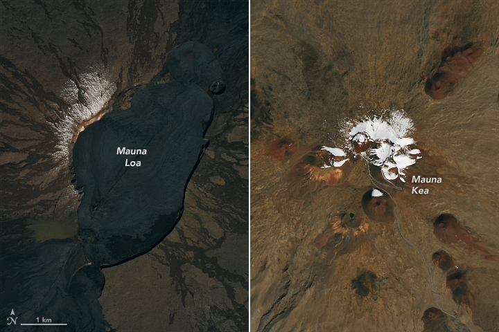 side-by-side aerial views of Mauna Kea and Mauna Loa, mostly bare and brown, each with some snow at the peaks