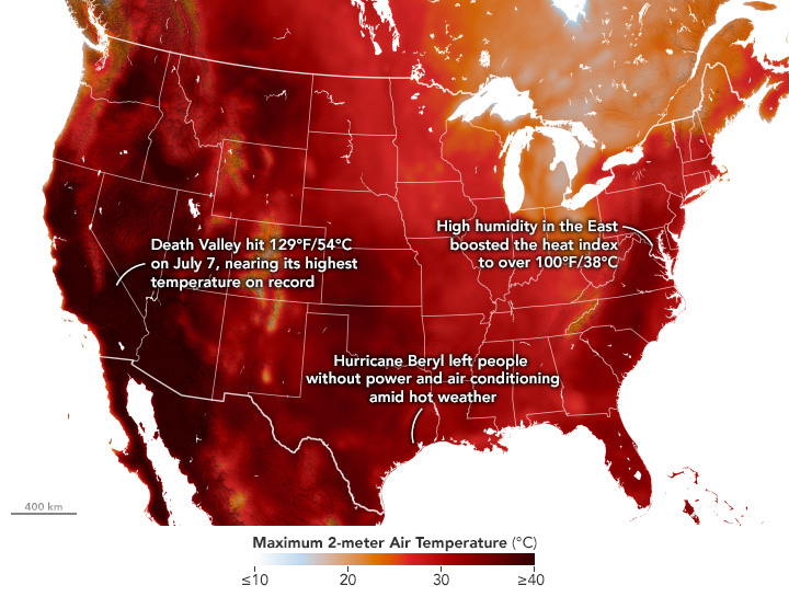 A map of North America with state boundaries and temperature gradient coloring overlay. The temperature gradient ranges from white at 10 degrees centigrade and increasingly darker shades of red up to 40 degrees centigrade, which is the darkest shade of the range. The region around the great lakes and the altitude peaks appear a somewhat lighter shade of orange, but the vast majority of the map is in a solid red shade, with the West coast having much territory indistinguishable from black and the East coast also being a darker shade of red than more inland territory.