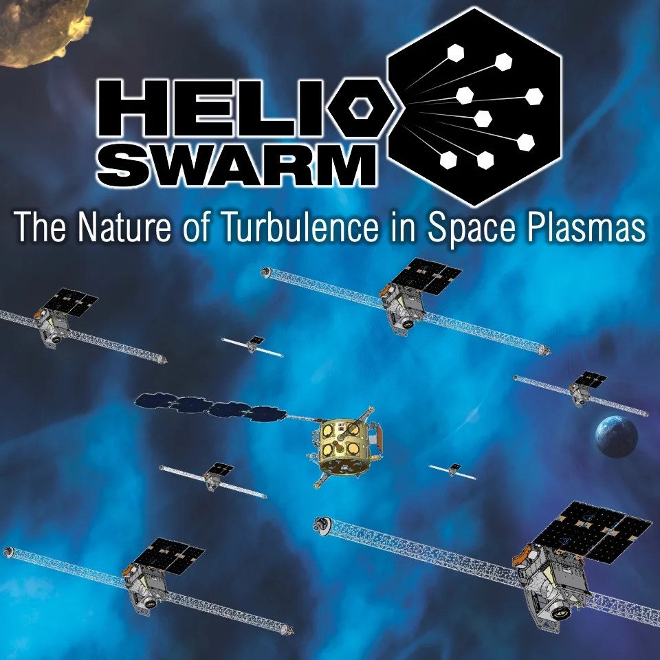 Image of 9 illustrated satellites against a blue atmospheric background with the title HelioSwarm and subtitle The Nature of Turbulence in Space Plasm