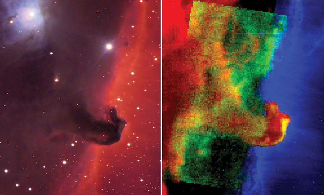 Visible and infrared images of the Horsehead Nebula. The infrared shows carbon monoxide in red, carbon atoms and ions in green.
