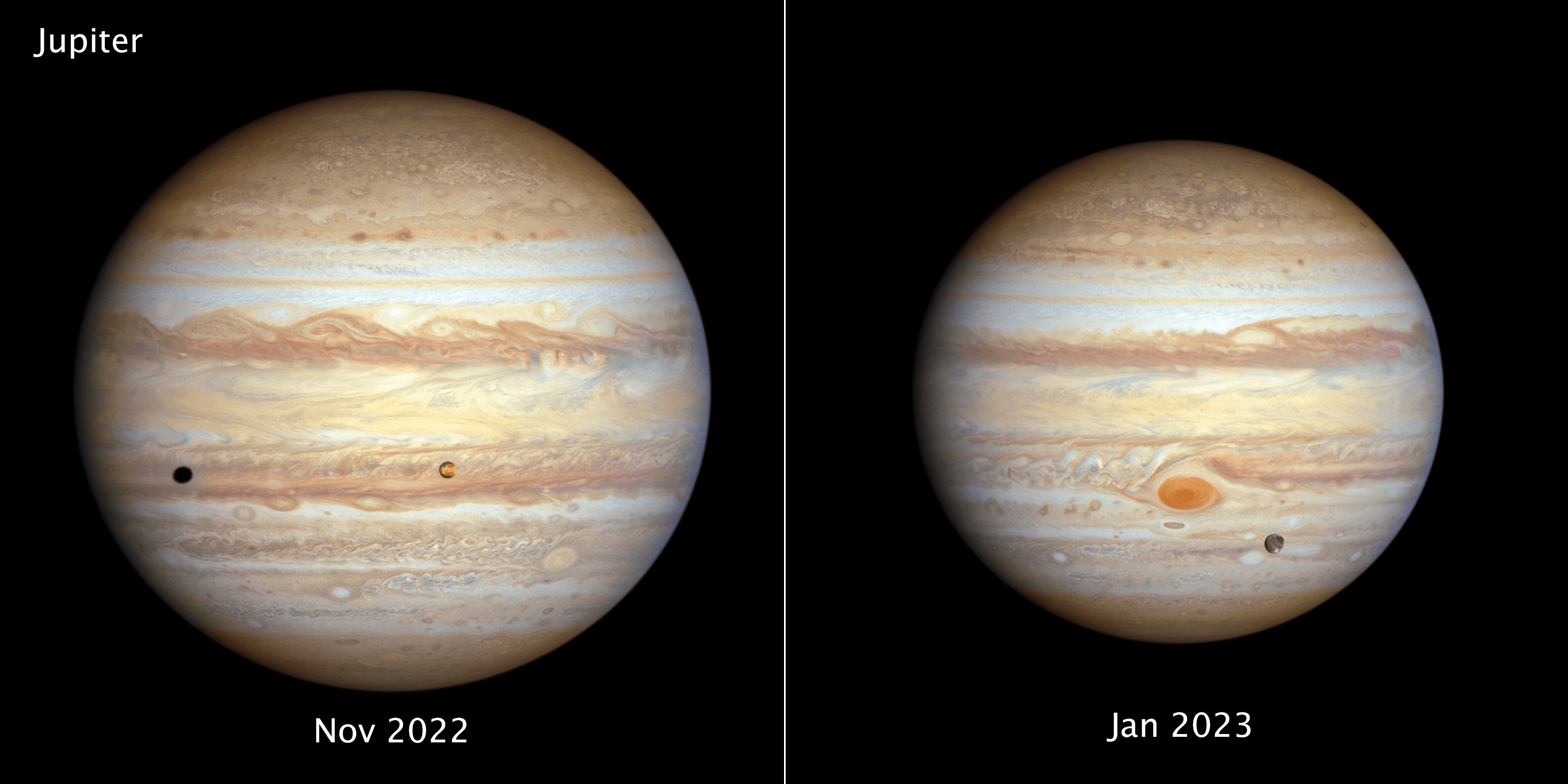 2 Jupiter views. Left Nov 2022: rusty-orange, yellow, and cream cloud bands with whitish ovals. Io is right of center, casting black shadow to far left. Right Jan 2023: Great Red Spot is prominent. Ganymede is gray orb crossing Jupiter’s face.