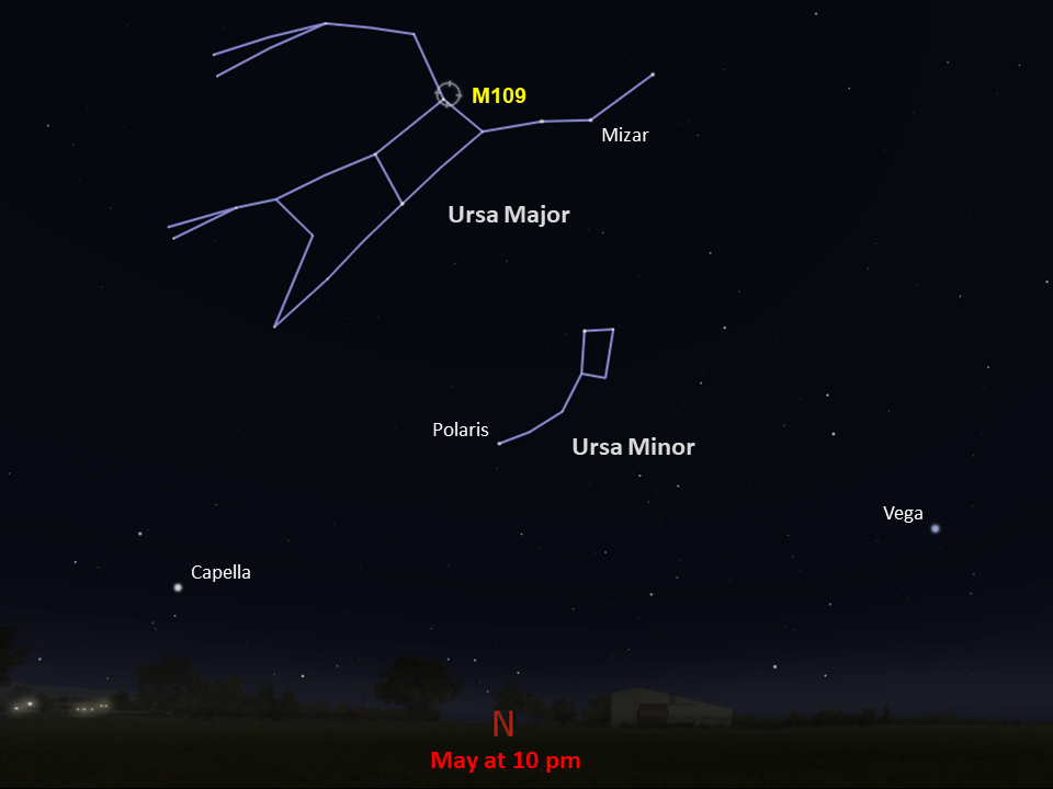 Black background with stars and the constellations Ursa Major and Ursa Minor outlined. Looking north in May at 10pm.