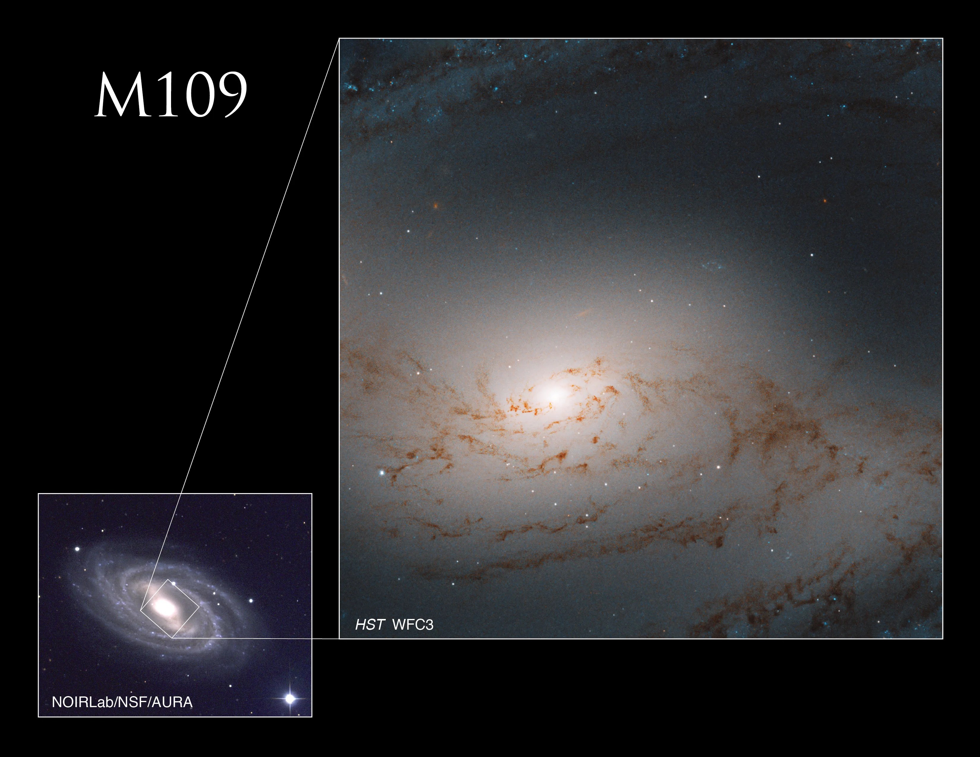 Lower left: small image of a barred spiral galaxy. Upper left two-thirds of image: Haze of light. Bright core of the galaxy just left of center. A smattering of rusty-brown dust clouds in the foreground.