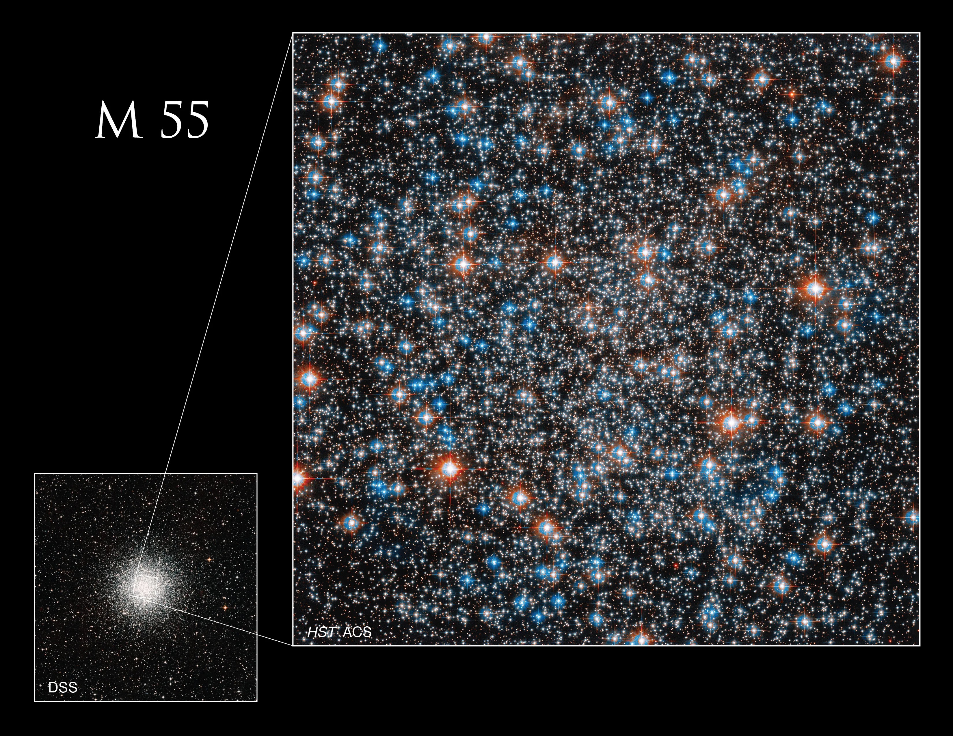 Lower left: A concentrated sphere of white stars against a black background. Right half of image: Hubble image of M55. Field is filled with white stars, smattered with blue-white and reddish-orange stars.