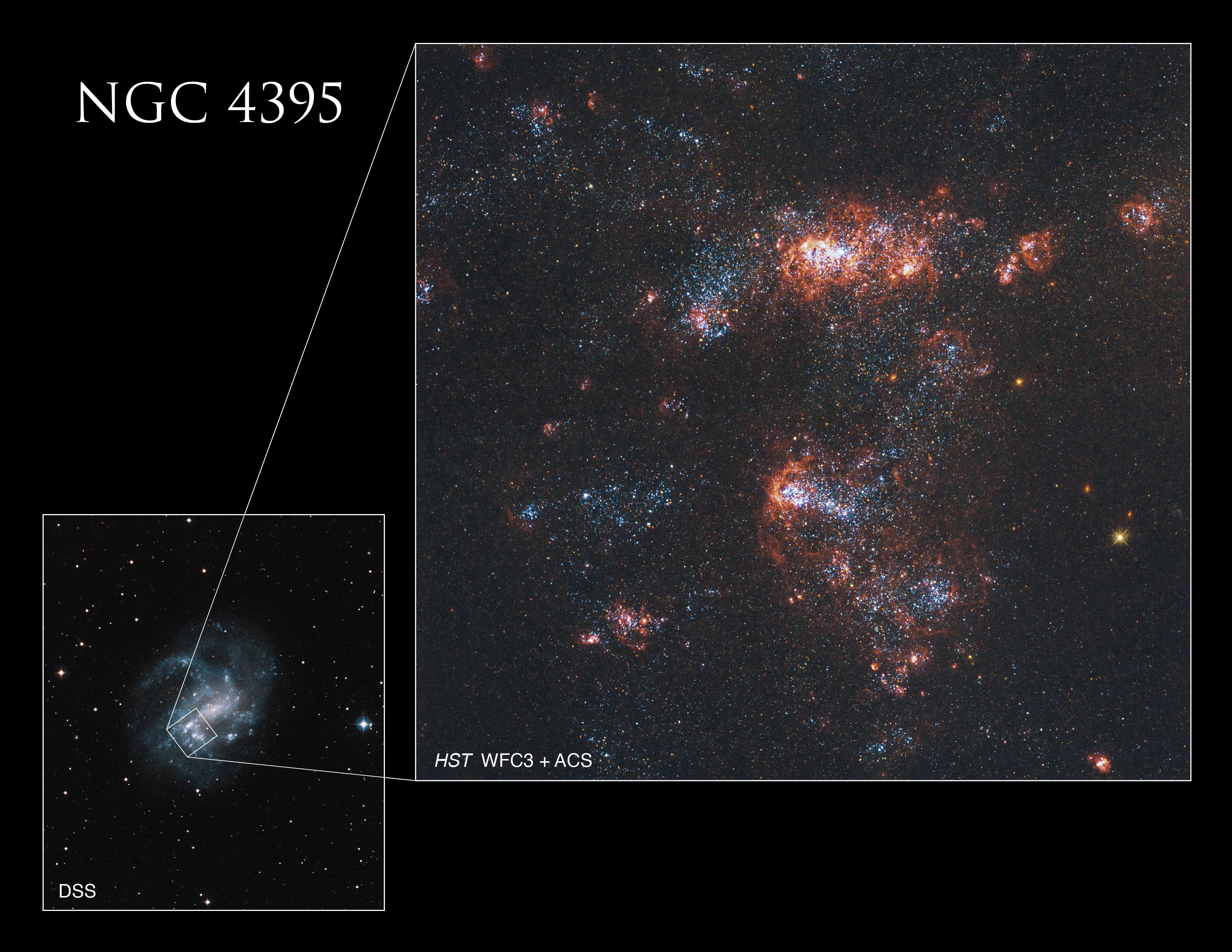 A patriotic groups of red, white, and blue stars, gas, and dust fills the scene on a black background. Groups of stars and gas are denser at image center. Lower Left: small image of NGC 4395 that shows the location of larger Hubble image.