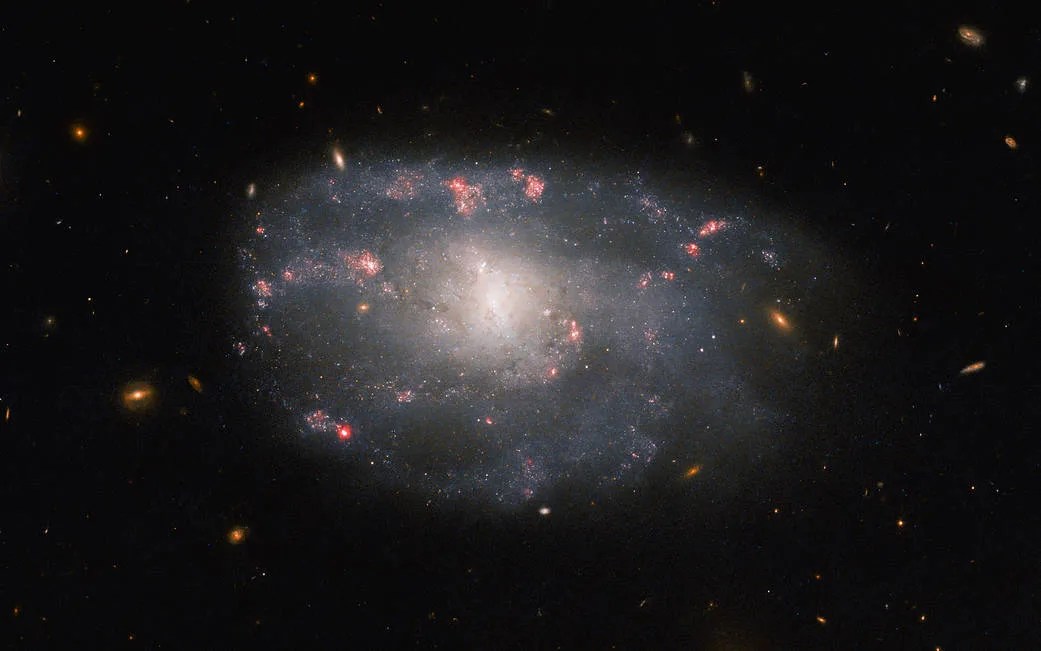 A spiral galaxy. It is irregularly-shaped and its spiral arms are difficult to distinguish. The edges are faint and the core has a pale glow. It is dotted with small, wispy, pink regions where stars are forming. A few stars and small galaxies in warm colors are visible around it.