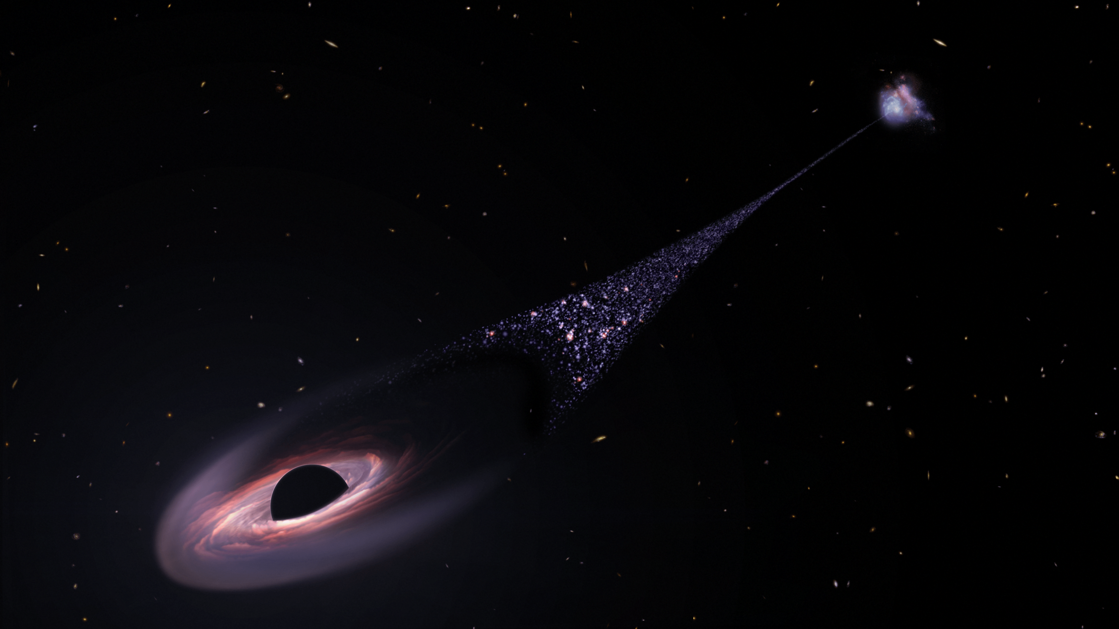 Illustration: black field with white, yellow, and red galaxies. A black hole near bottom left corner plows through space, leaving a diagonal trail of newborn stars stretching back to the black hole's parent galaxy in the upper right corner.