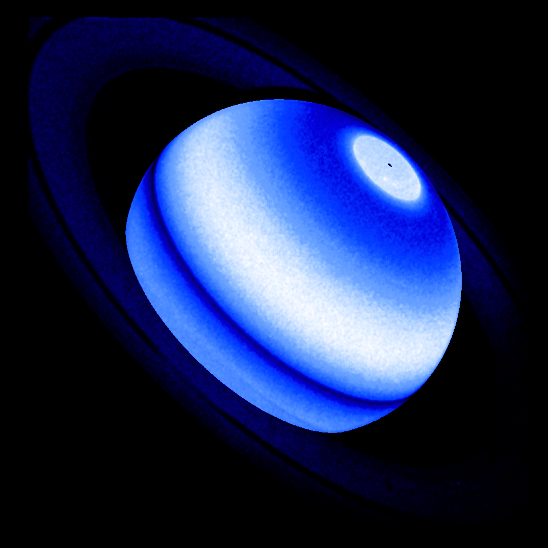 Blue, tilted, oblate sphere that is striped with dark blue, light blue, and white bands that run from the upper left of the sphere to the lower right.