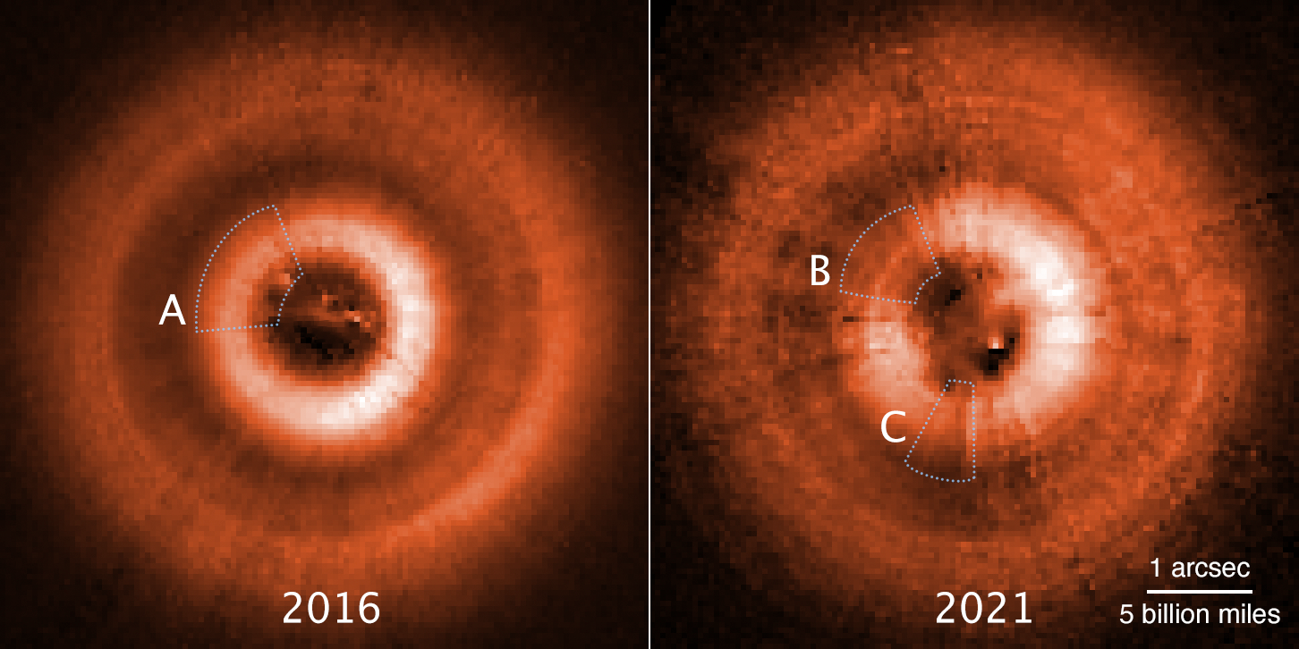 Two frames: 2016 (left), 2021 (right). Both hold reddish-white inner ring with dark center and broader, fuzzier, and fainter reddish outer ring. Left: shadow at 11:00 o'clock labeled A. Right: two shadows at 11:00 o'clock and 7:00 o'clock, labeled B & C.