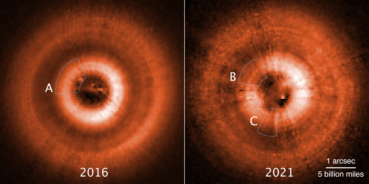 Two frames: 2016 (left), 2021 (right). Both hold reddish-white inner ring with dark center and broader, fuzzier, and fainter reddish outer ring. Left: shadow at 11:00 o'clock labeled A. Right: two shadows at 11:00 o'clock and 7:00 o'clock, labeled B &amp; C.