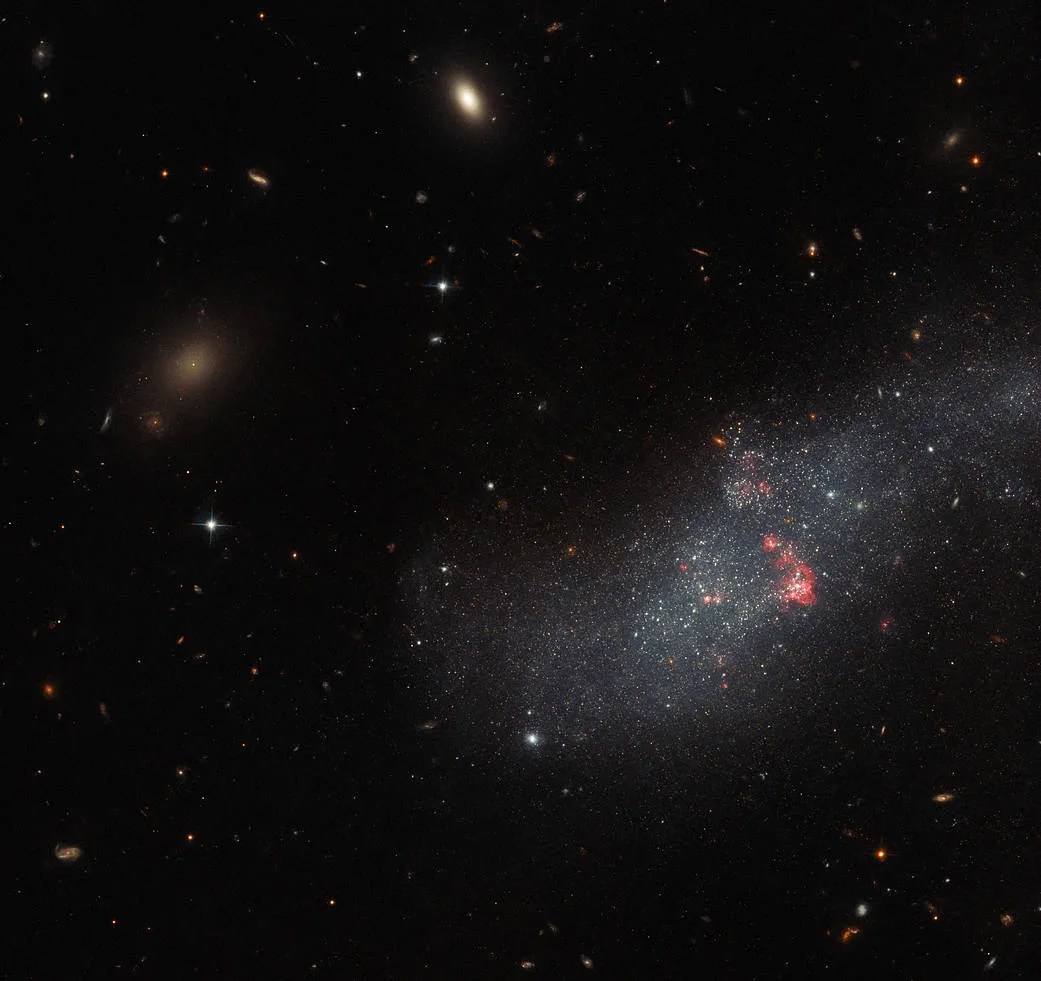 A wide band of bluish light extends from the center of the image to the right side. It is speckled with many tiny stars, and a few small, bright red bubbles of gas, identifying it as a galaxy. The background is black, and has small galaxies and stars spread around. Most are too small to distinguish, except for two oval-shaped galaxies, each having a hazy glow around a bright center.