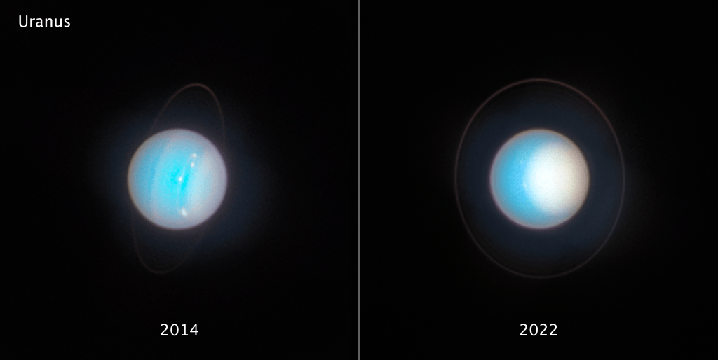2 views: Uranus, on its side, colored cyan with pinkish-gray limb. Left 2014: faint, pinkish bands run nearly vertically, white cloud splotches dot right half. Right 2022: faint, pink ring almost face on, large area of white covers planet's right side.