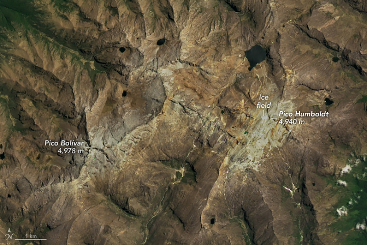 The land depicted by satellite image is mostly bare brown rock, however, in the center right and center left are areas where there has been past glacial activity and the rock appears eroded and more bright in shade. in both the top left and bottom right of the image foliage is apparent as the land fades from brown to green.