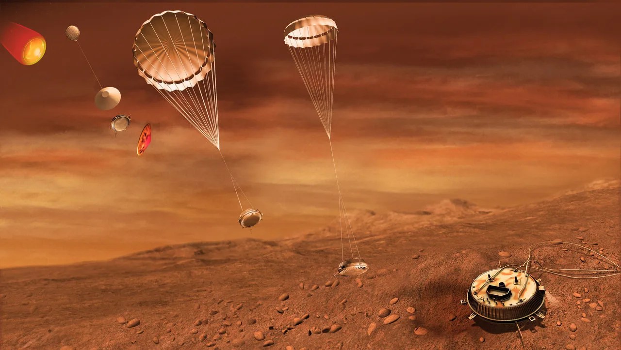 Artist's impression of Huygens' descent and landing sequence