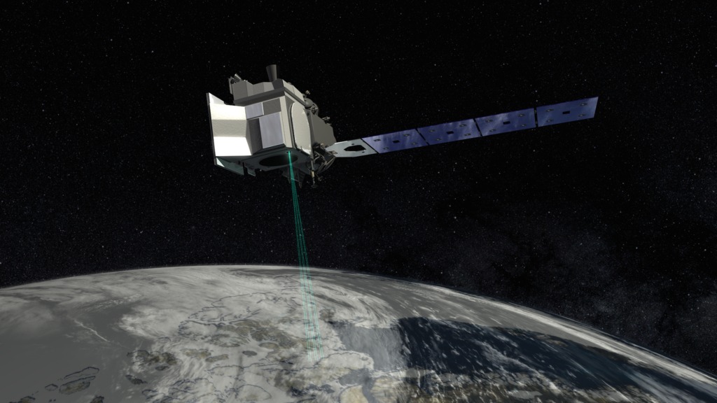An artist’s rendering of the ICESat-2 satellite with a solar panel coming off to the right and lasers beaming to the Earth which curves across the bottom of the screen.