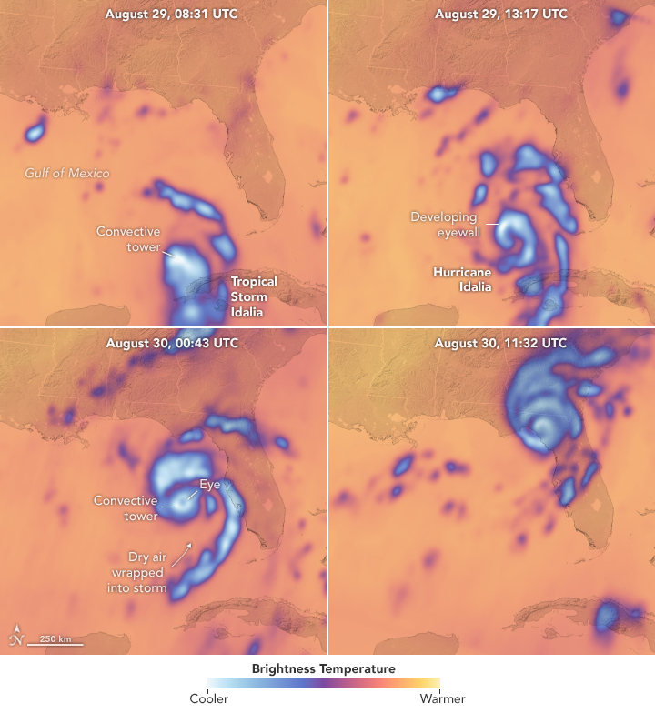 Four map views of the Gulf of Mexico near Florida highlight the intense rapid hurricane formation timeline by swirling temperature differential.