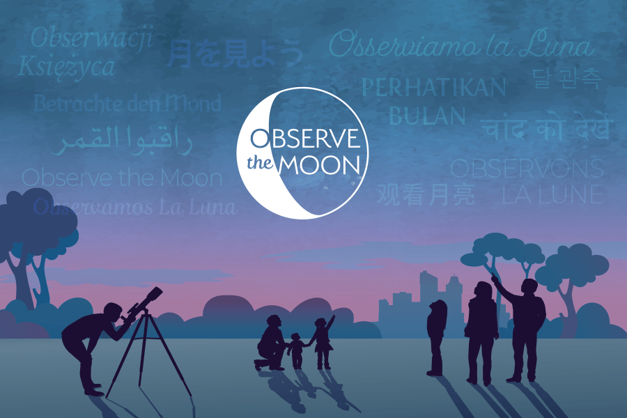 Stylized illustration of silhouettes of people looking up at a graphic "Observe the Moon" in the night sky. The sky is faded with the title translated into different languages.