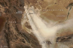 Dust from the ephemeral Hamun wetlands streamed over parts of Iran, Afghanistan, and Pakistan in September.