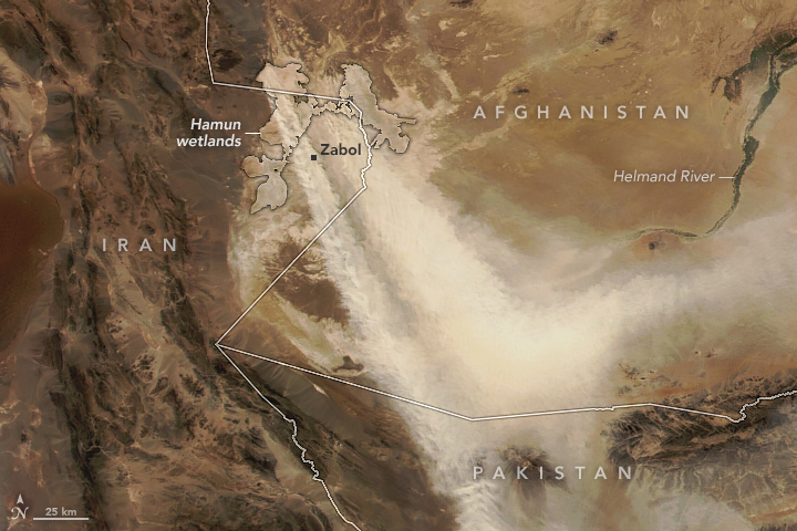 Dust from the ephemeral Hamun wetlands streamed over parts of Iran, Afghanistan, and Pakistan in September.