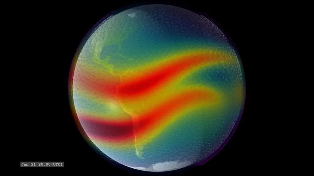 This image shows ionospheric winds and the low-latitude geomagnetic field.