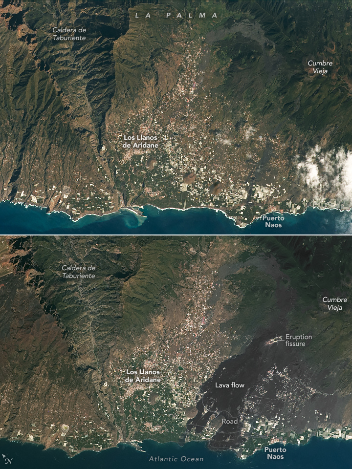 side-by-side image of the same region. roads and homes appear where the land was previously covered in black hardened rock from the lava flow.