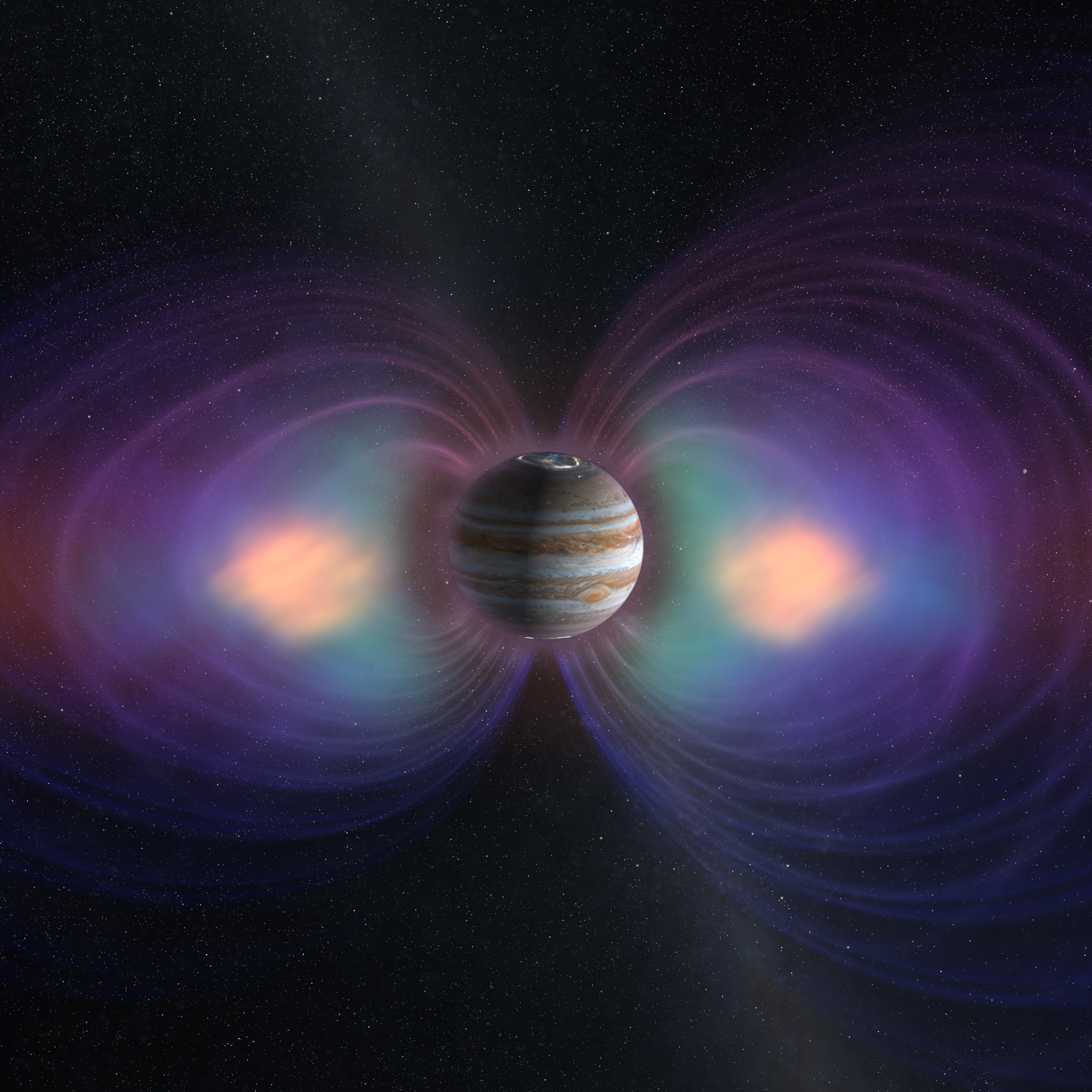 这幅艺术家的画像显示了木星在黑暗的太空中居中，两个明亮的膨胀区域从行星模型左右延伸。