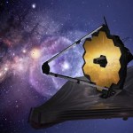 A montage of the Webb Space Telescope over a composited background of stars and galaxies.