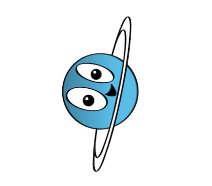 Whimsical cartoon image of Uranus tilted on its side.