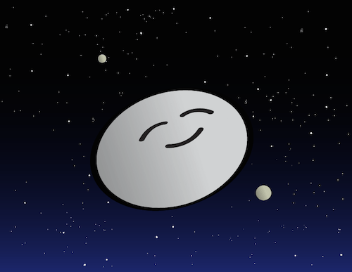 Whimsical cartoon of football-shaped Haumea and its two moons.