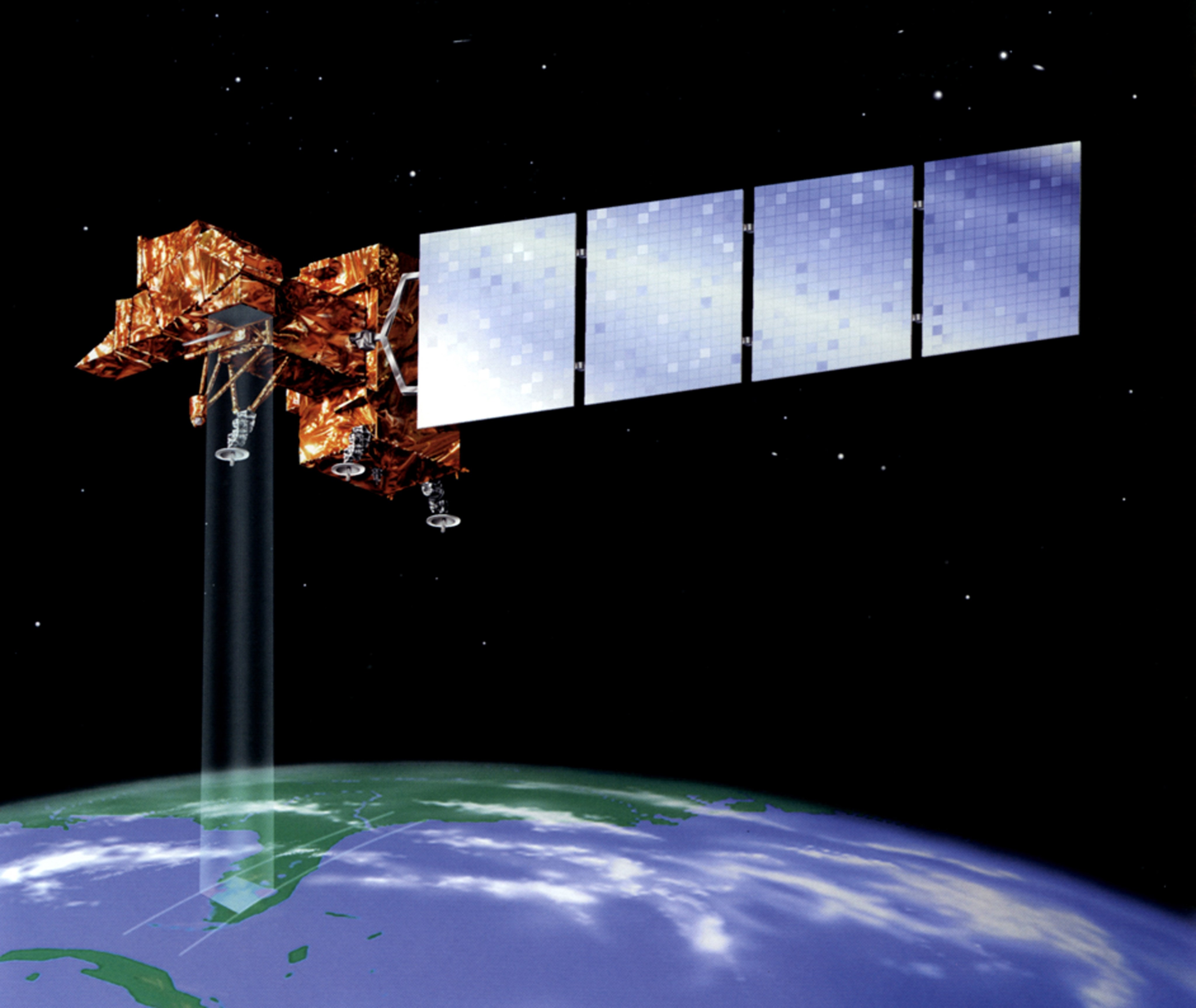 Illustration of the Landsat 7satellite with its solar wing extended as it scans Earth below.