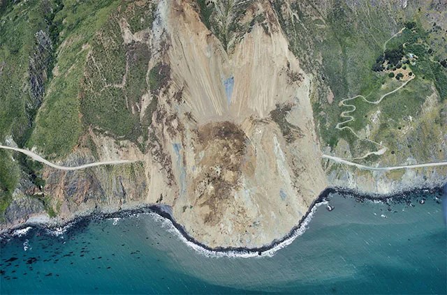 landslide slumping into see seen from above