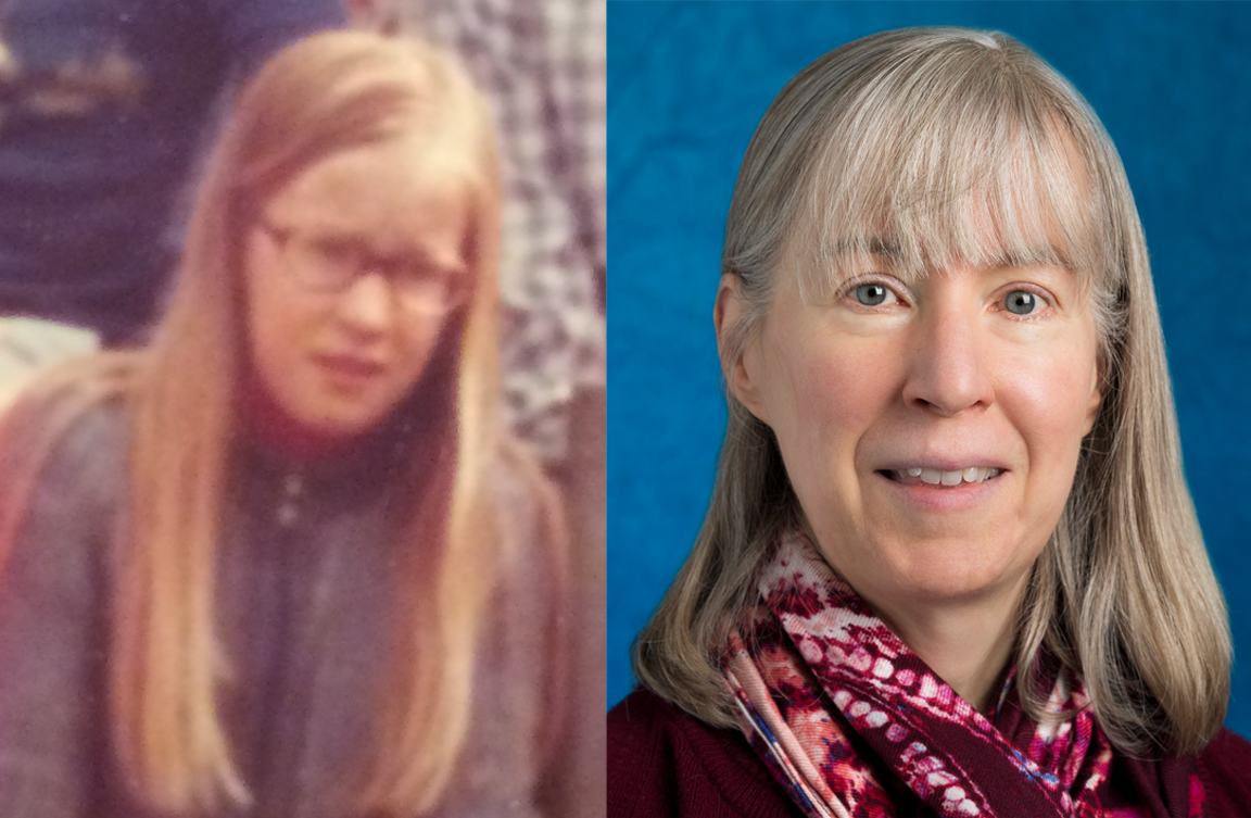 Two photos side by side, on the left is a 6th grade girl with long blonde hair and glasses, on the right is the same person as an adult with long hair.