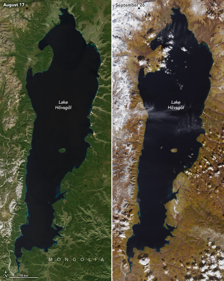 Two images of the same lake side by side. The water is a dark blue in both images. The land on the left is covered in green foliage, whereas it is largely brown on the right and there is snow covered peaks along the left side of the lake.