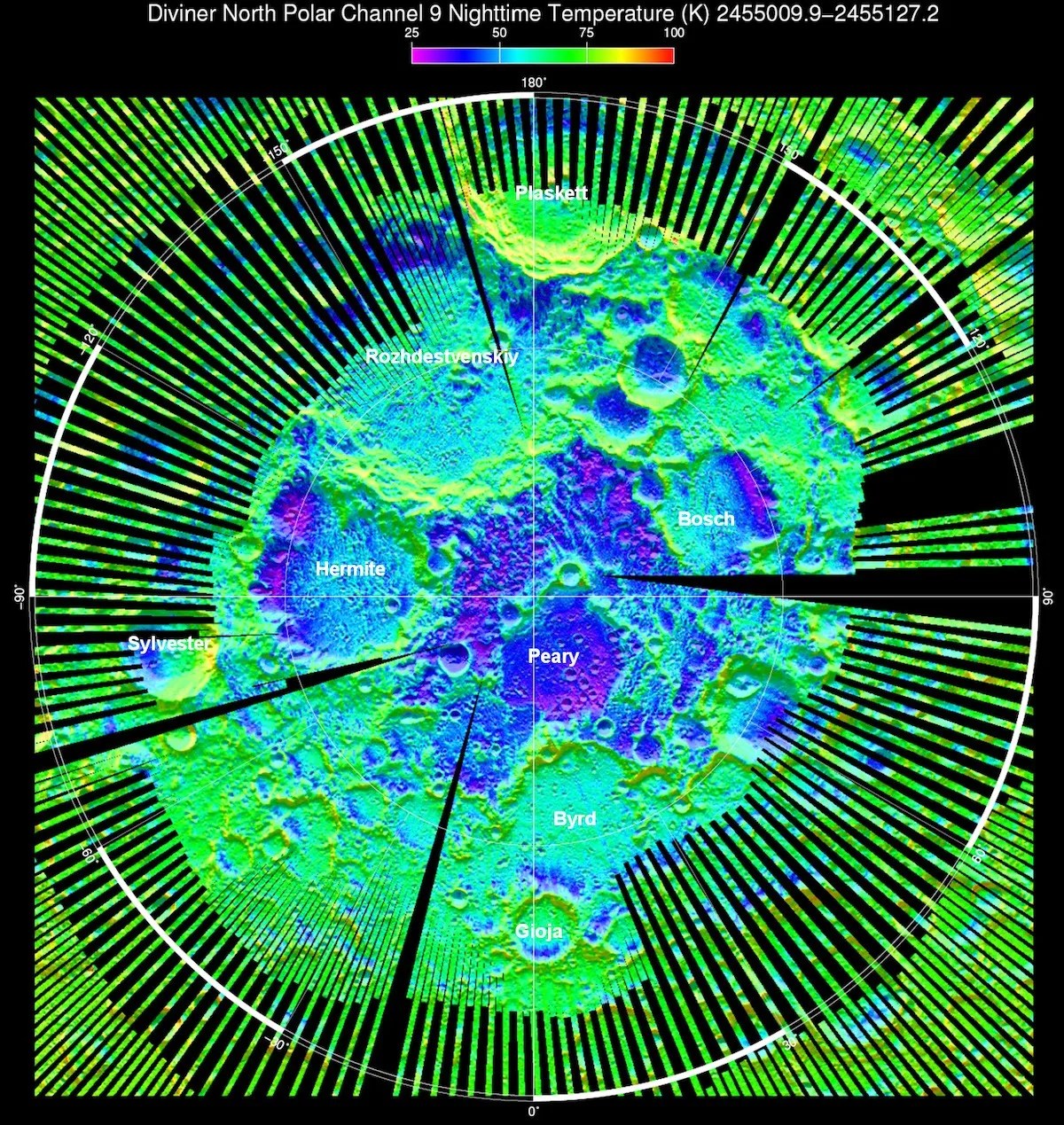 map of lunar craters with colors indicating temperatures