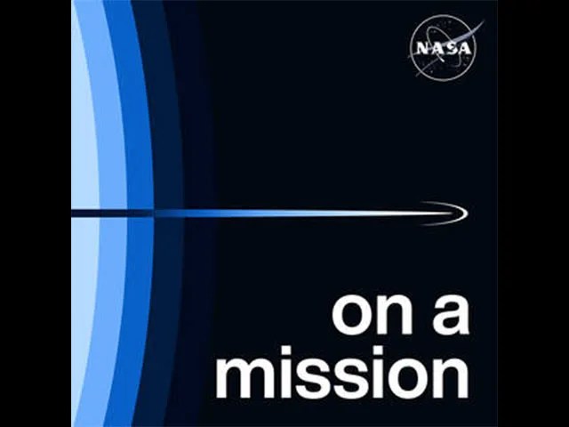 Four thin curved lines are shown at the left, changing in color from light blue to dark blue. The text "on a mission" is written at the bottom. The NASA logo is positioned at the upper right.