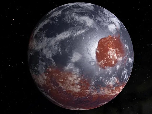 A sphere with red and blue splotches is shown. Wispy clouds of white are spread over its surface.