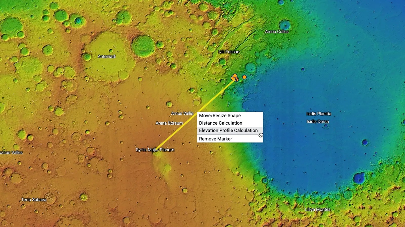 A screen grab of Mars Trek that shows a line being drawn between two locations on Mars. A tooltip menu next to the line has Elevation Profile Calculation highlighted.