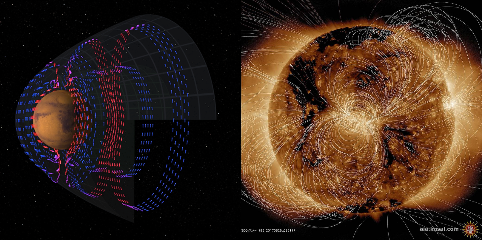 Two diagrams of the sun. On the left red and blue arrows indicate magnetic topology and on the right a golden sun and while lines indicate magnetic topology.