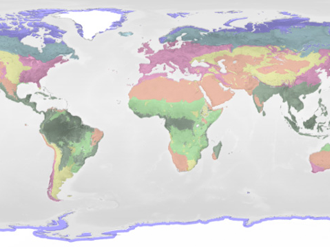 A world map with various biomes highlighted in different colors. The biomes represented are rainforest, grassland, coniferous forest, temperate deciduous forest, desert, tundra and shrubland.