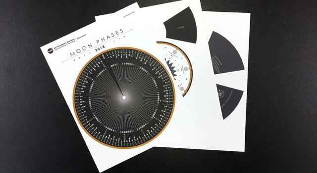 A photo of three pieces of paper with geometric designs printed on them. The pages are used to craft a Moon phases calculator.