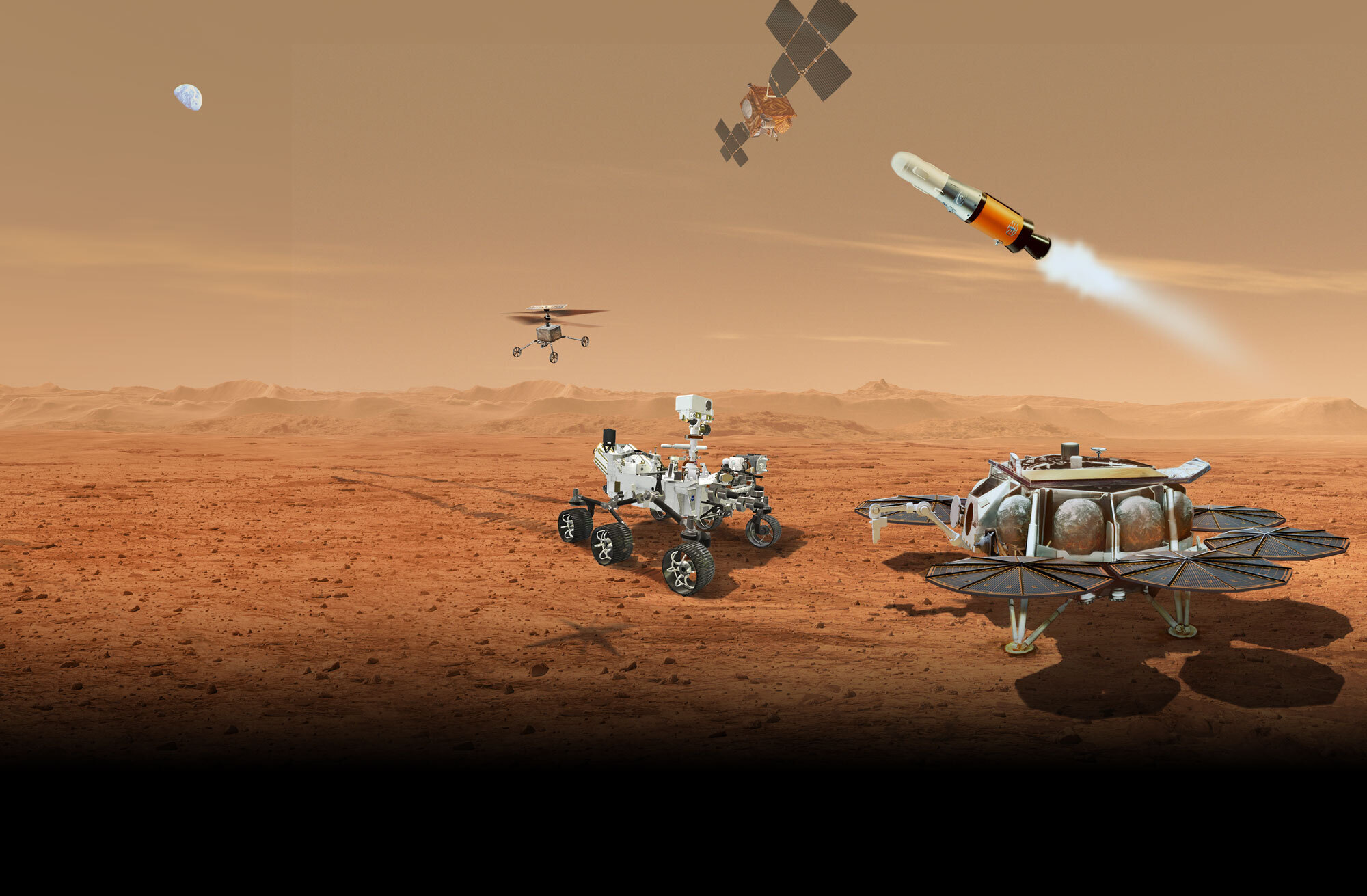 This illustration shows a concept for multiple robots that would team up to ferry to Earth samples of rocks and soil being collected from the Martian surface by NASA's Mars Perseverance rover.