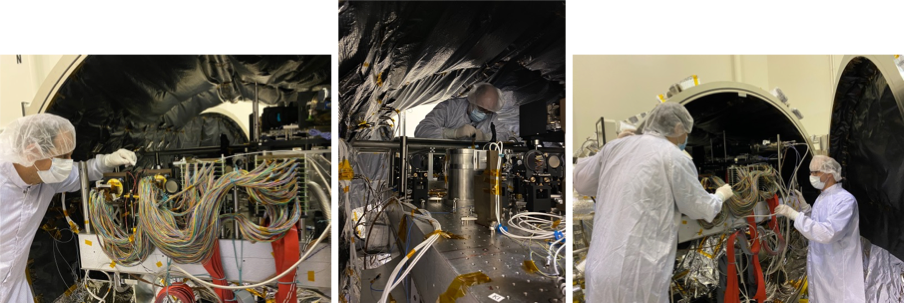 3 photos in a row of team members in white science lab gear working on a large piece of equipment with a lot of wires.