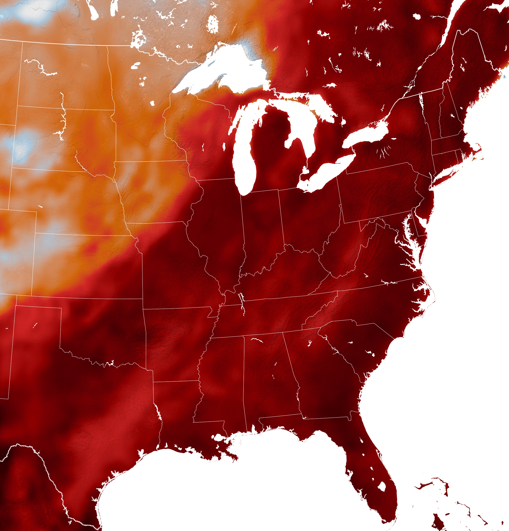 A heat map of the Eastern half of the United States where the color gradient spans from a light blue to a deep dark red shows the entire eastern seaboard in the darkest shade. The majority of the map, and everywhere west of the Mississippi River, are a shade of red.