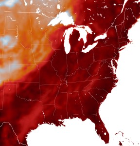 A heat map of the Eastern half of the United States where the color gradient spans from a light blue to a deep dark red shows the entire eastern seaboard in the darkest shade. The majority of the map, and everywhere west of the Mississippi River, are a shade of red.