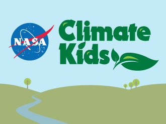 NASA Climate Kids logo that contains the NASA logo, text that reads Climate Kids, a leaf, and rolling hills below them.