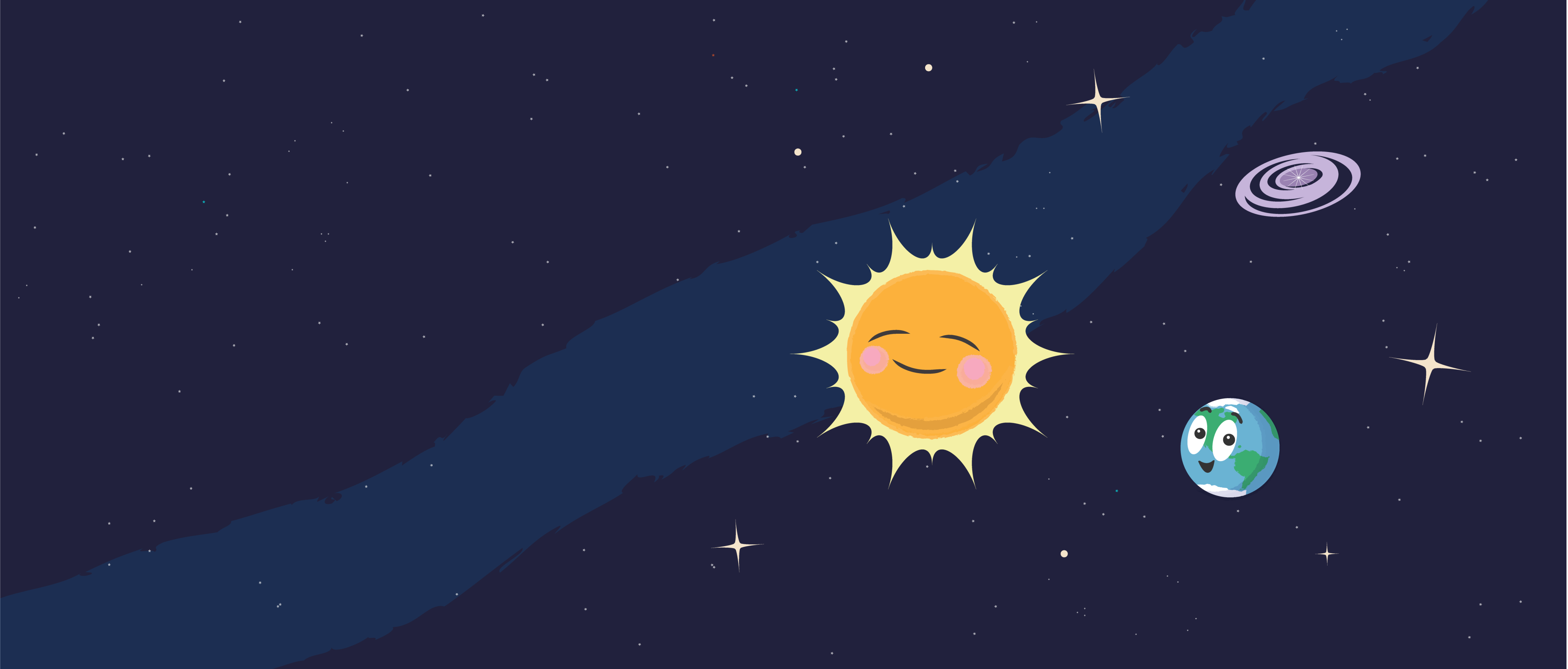 Cartoon illustration of the Sun and Earth smiling with a galaxy behind them in the distance.