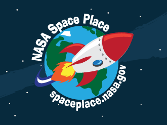 NASA Space Place logo that includes a cartoon illustrated Earth with a rocket flying over it and the text NASA Space Place and url spaceplace.nasa.gov.