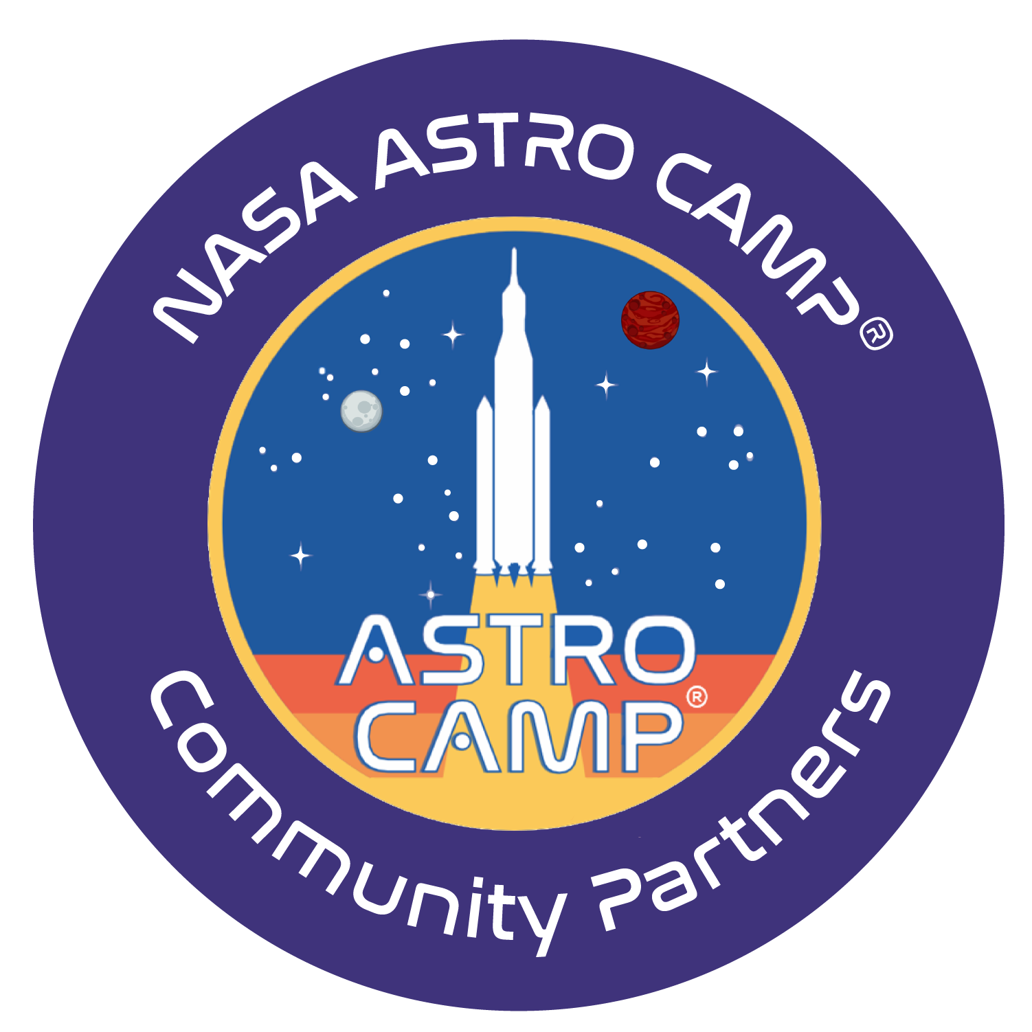NASA ACCP mission patch depicting a rocket with the words ASTRO CAMP in a circle. A purple circle borders it that says