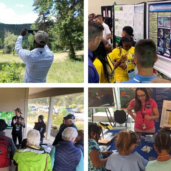 Collage of 4 photos. Top left is a man holding a phone up to mountains and trees. Top right is students and teachers in front of a science fair project. Bottom right is kids at a NASA display table. Bottom left is a tour guide and hikers.