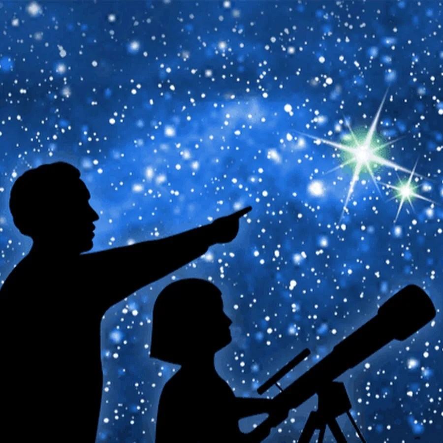 一个风格化的标志图形显示了一个成年人指向天空的轮廓，而一个拿着望远镜的孩子在观看。
